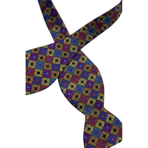 CARROT & GIBBS Men's 100% Silk LUXURY Self Bow Tie Blue Gold Geometric W:2.7" - Picture 2 of 4